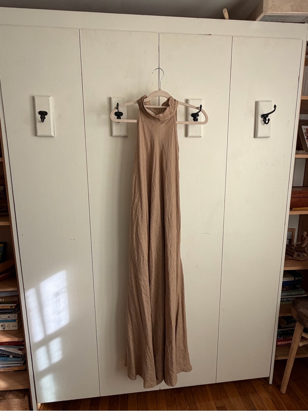 Sleeveless Maxi Dress in Tan - Halter Neck Flowing Silhouette